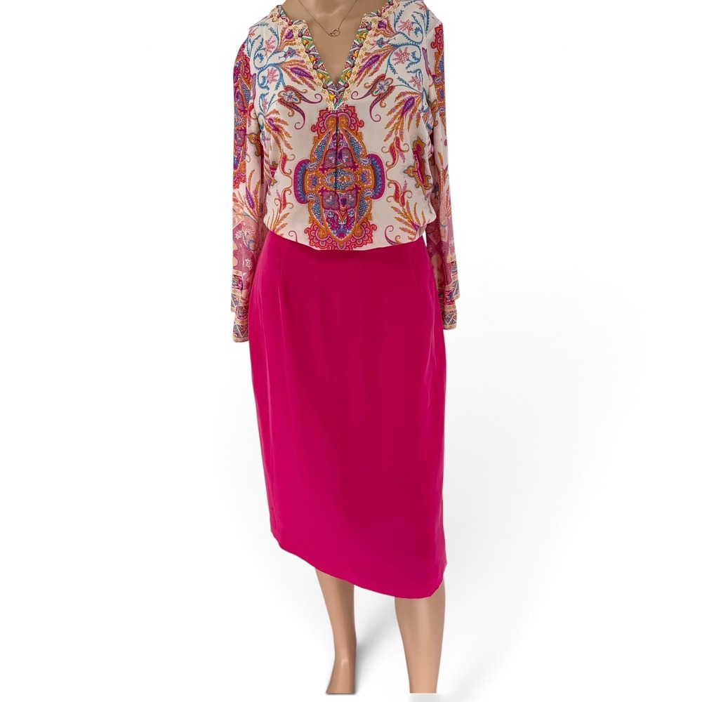 Josephine Chaus Hot Pink 100% Silk Midi Skirt Size 12 Lined zip and side elastic